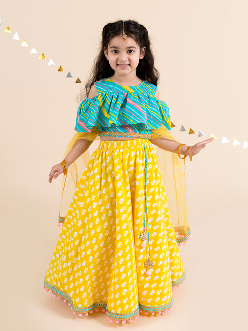 Girls Yellow Turquoise Blue Printed Ready To Wear Lehenga Blouse With Dupatta